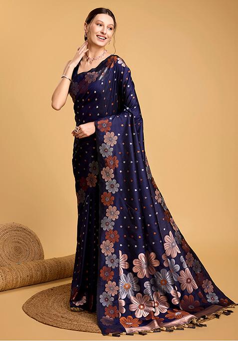 Blue Woven Pure Jacquard Saree Set