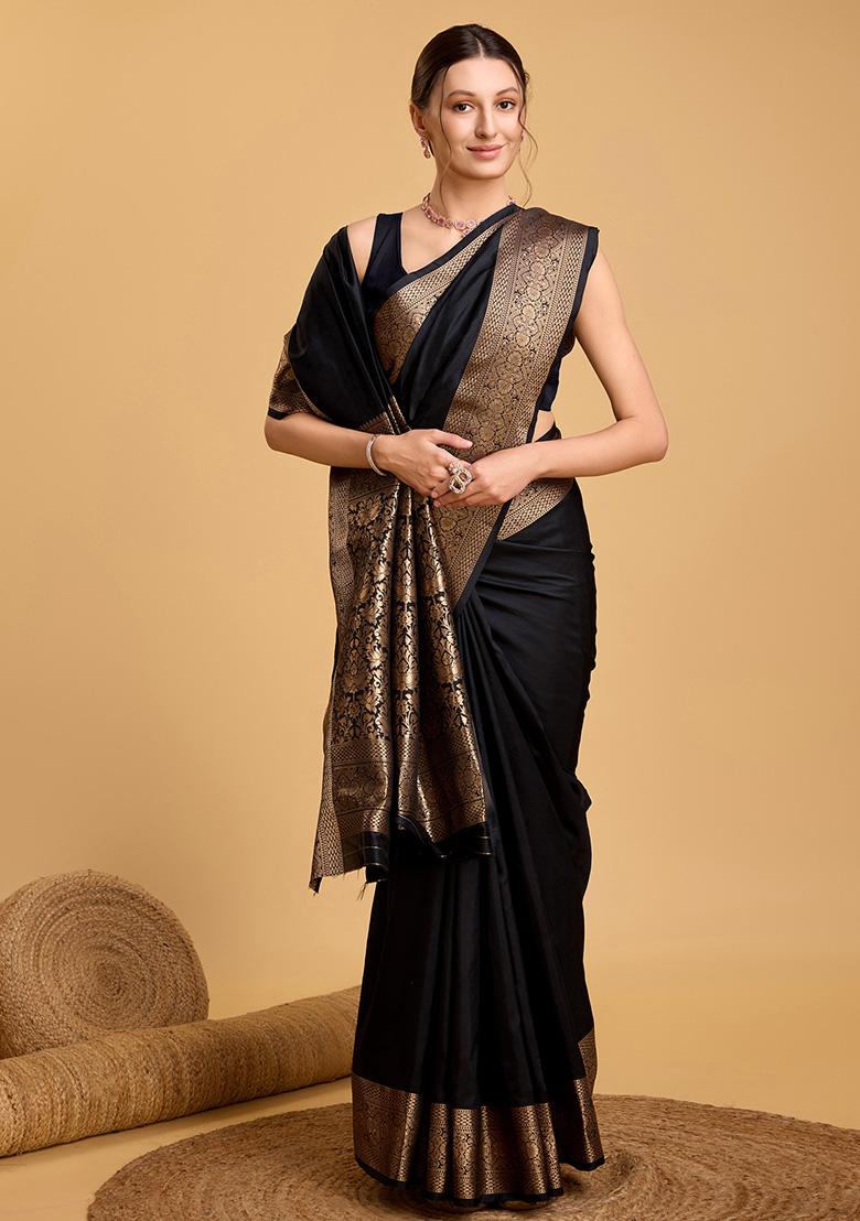 Black Woven Pure Silk Saree Set