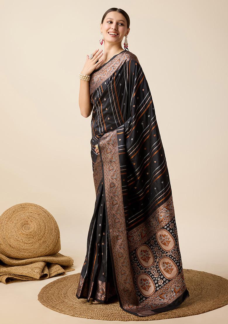 Black Zari Work Pure Jacquard Saree Set - Indya