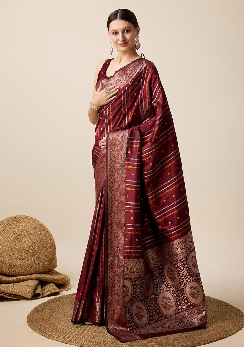 Maroon Zari Work Pure Jacquard Saree Set