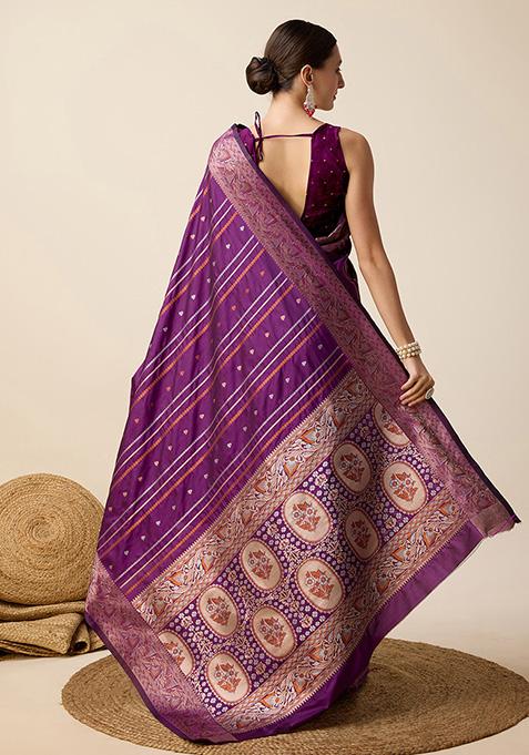 Wine Zari Work Pure Jacquard Saree Set