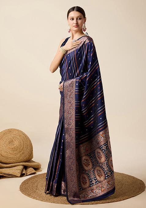 Blue Zari Work Pure Jacquard Saree Set