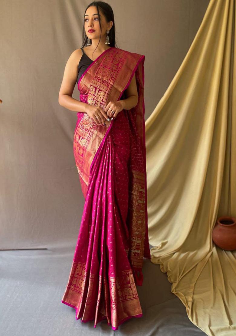 Pink Woven Soft Silk Saree Set