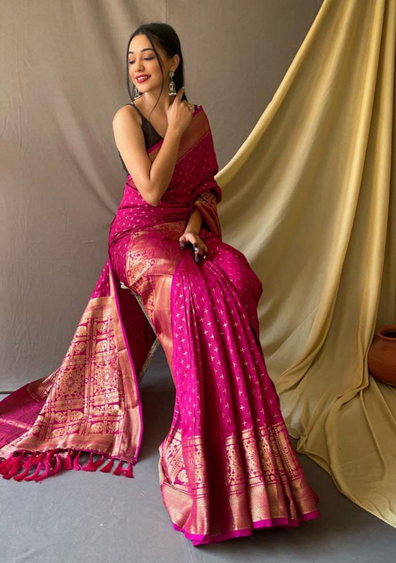 Pink Woven Soft Silk Saree Set