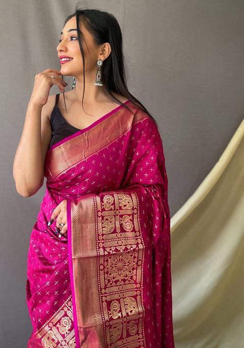 Pink Woven Soft Silk Saree Set