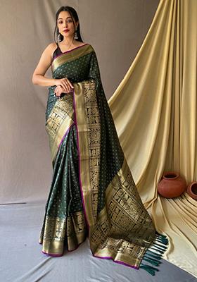 Lime Green Woven Soft Silk Saree Set