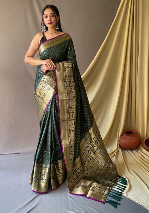 Lime Green Woven Soft Silk Saree Set