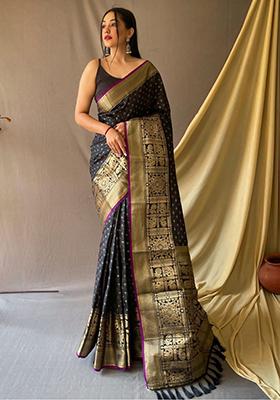 Black Woven Soft Silk Saree Set