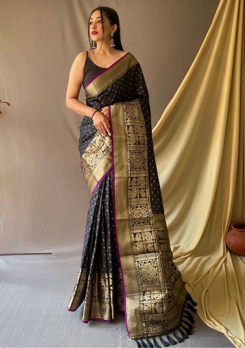 Black Woven Soft Silk Saree Set