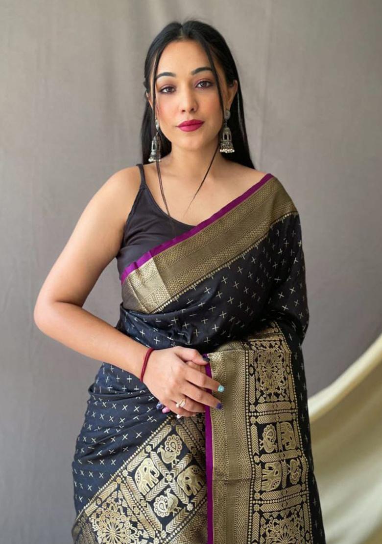 Black Woven Soft Silk Saree Set