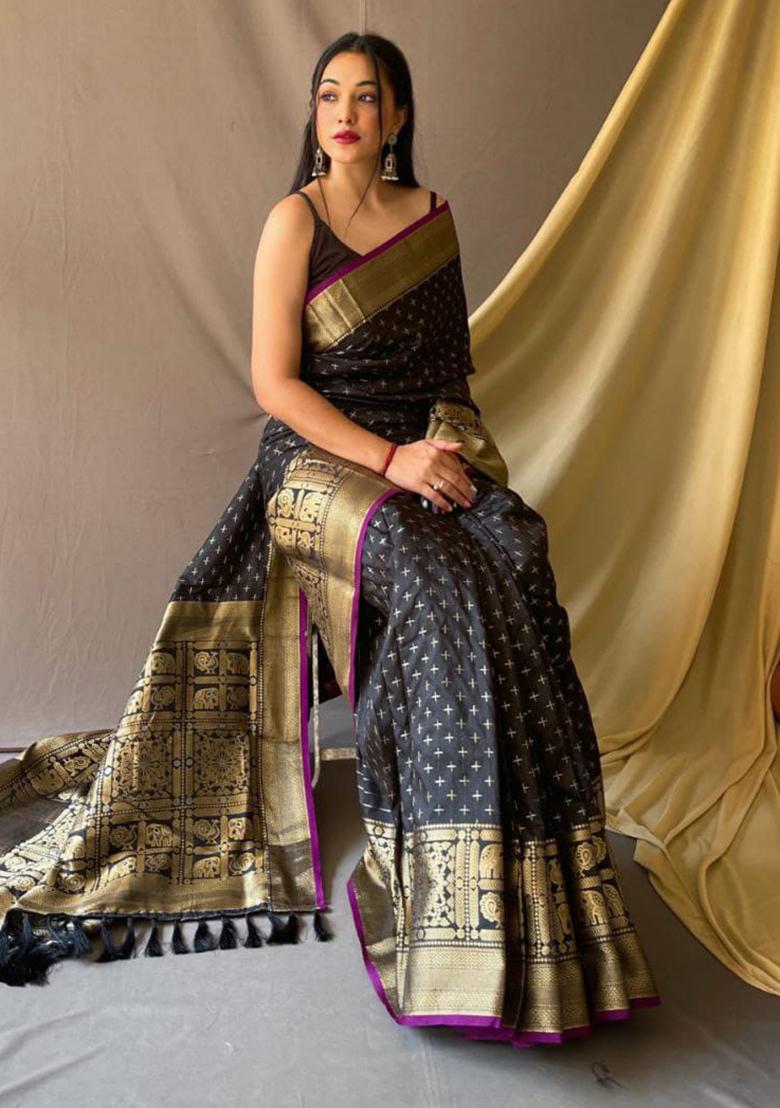 Black Woven Soft Silk Saree Set