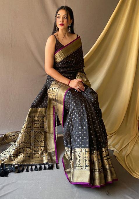 Black Woven Soft Silk Saree Set