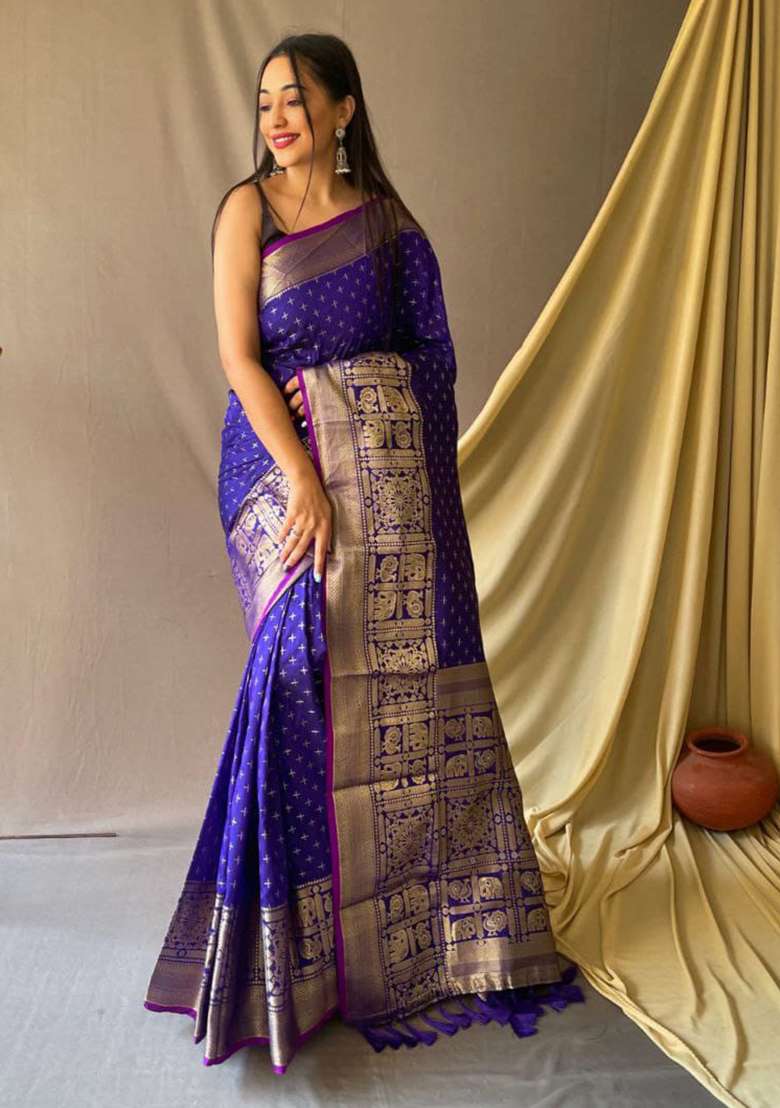 Violet Woven Soft Silk Saree Set - Indya