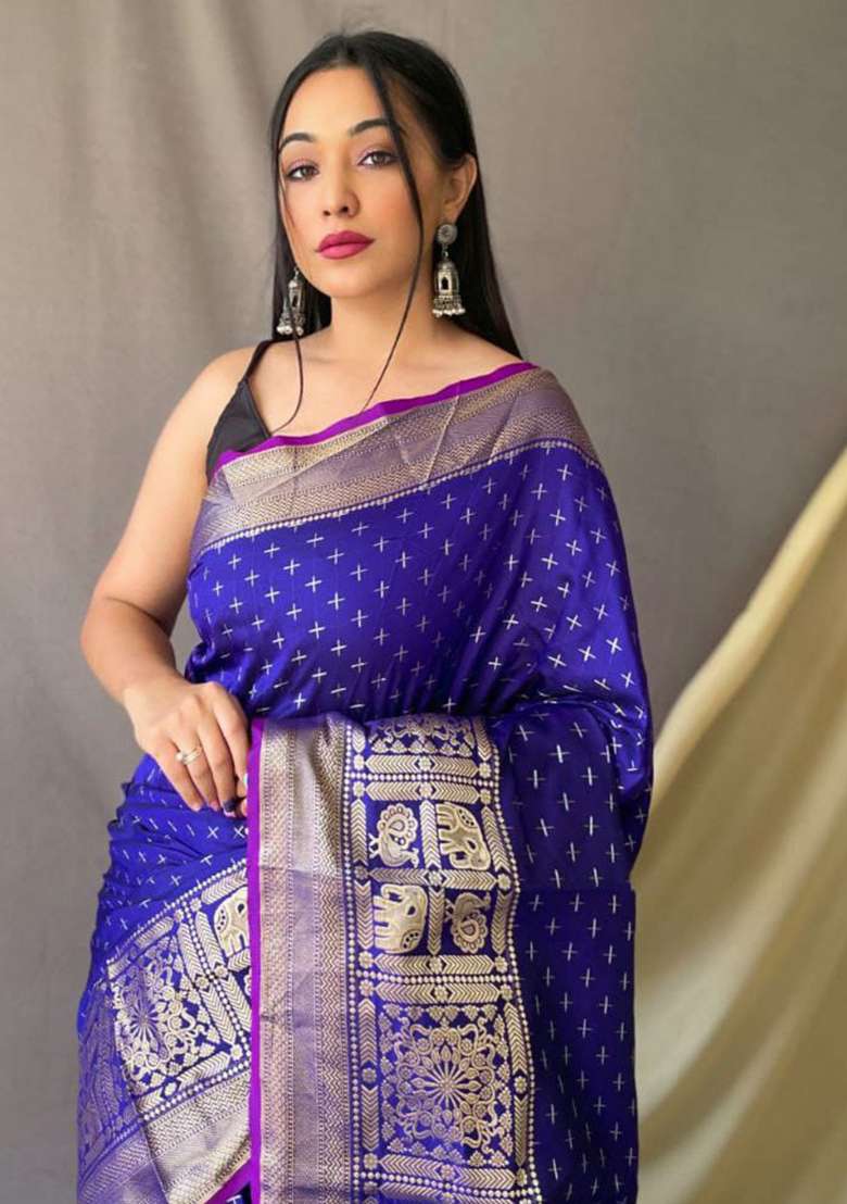 Violet Woven Soft Silk Saree Set - Indya