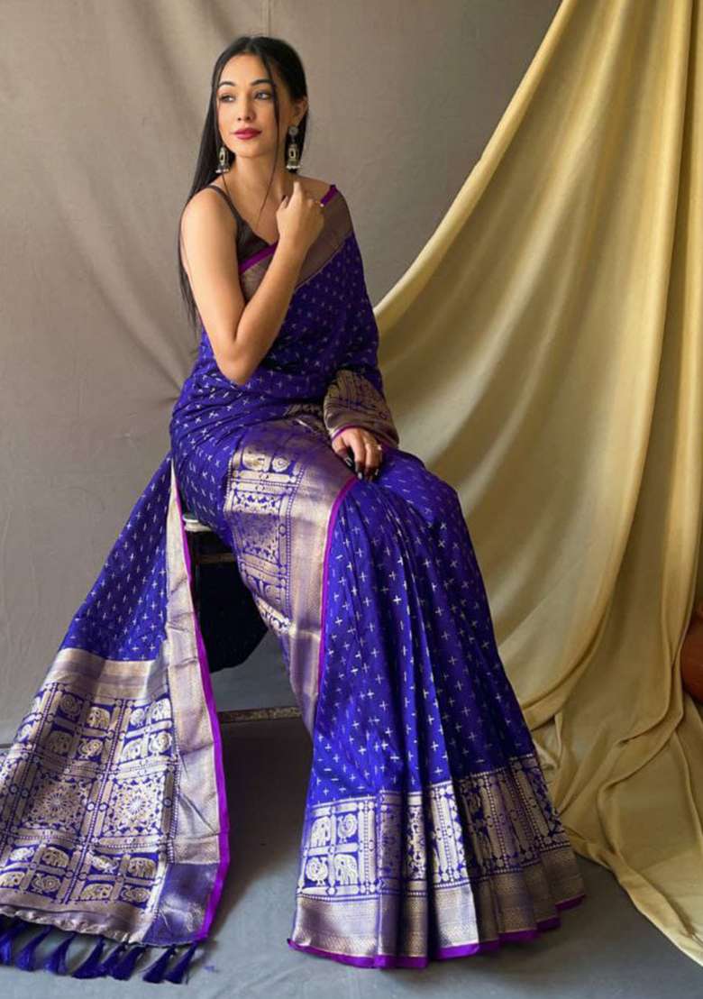Violet Woven Soft Silk Saree Set - Indya