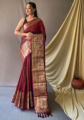 Maroon Woven Soft Silk Saree Set