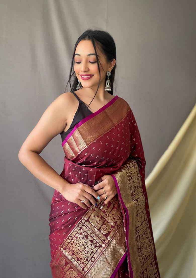 Maroon Woven Soft Silk Saree Set