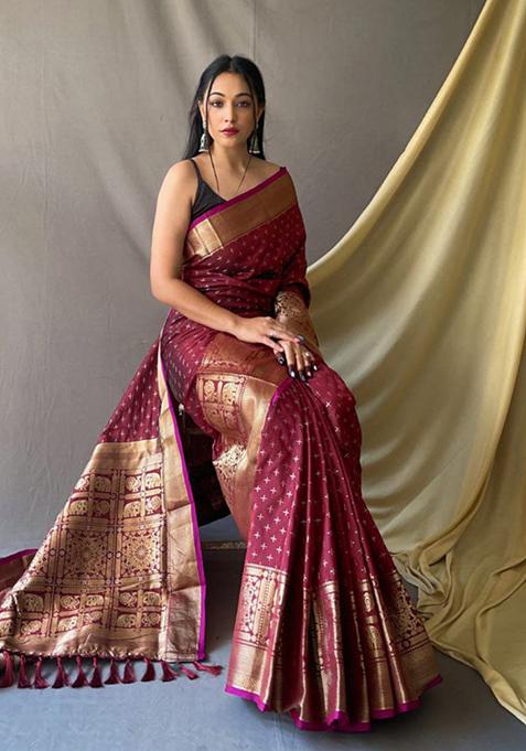 Maroon Woven Soft Silk Saree Set