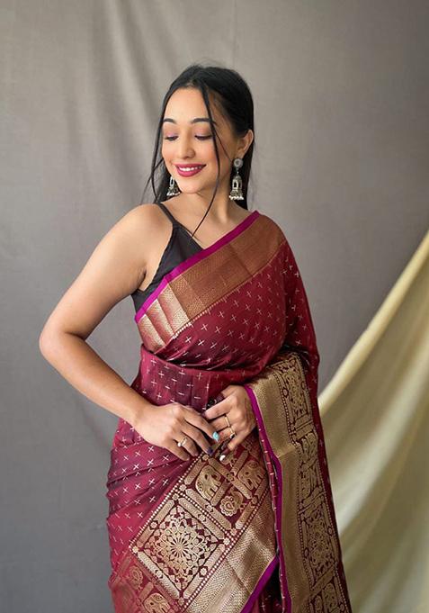 Maroon Woven Soft Silk Saree Set