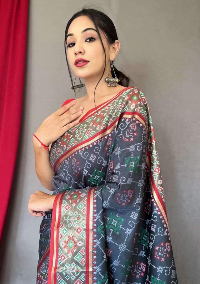 Grey Woven Pure Patola Silk Saree Set - Indya
