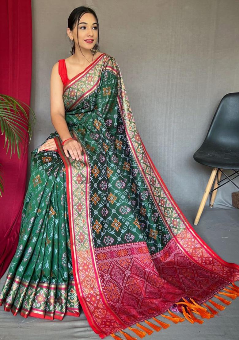 Green Woven Pure Patola Silk Saree Set