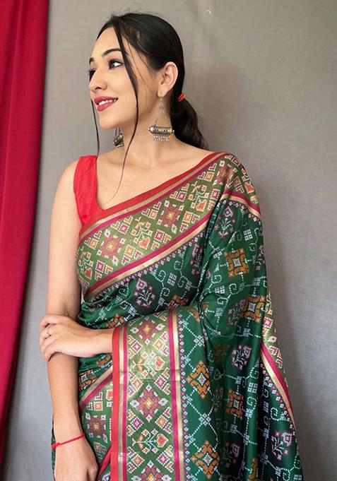 Green Woven Pure Patola Silk Saree Set