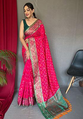 Pink Woven Pure Patola Silk Saree Set