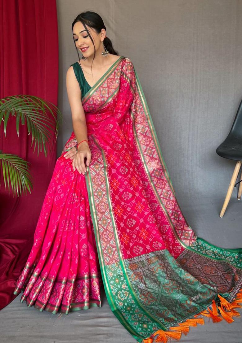 Pink Woven Pure Patola Silk Saree Set