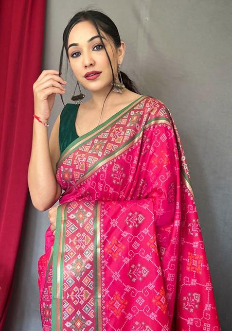 Pink Woven Pure Patola Silk Saree Set