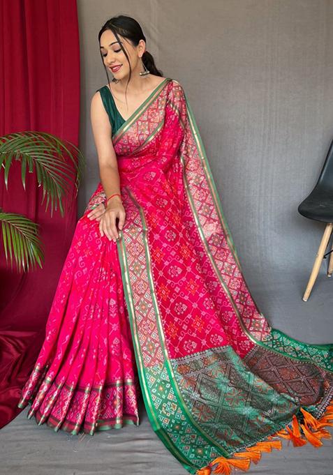 Pink Woven Pure Patola Silk Saree Set