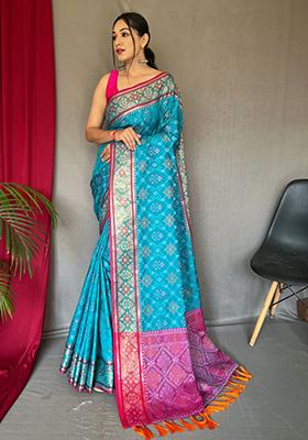 Sky Blue Woven Pure Patola Silk Saree Set