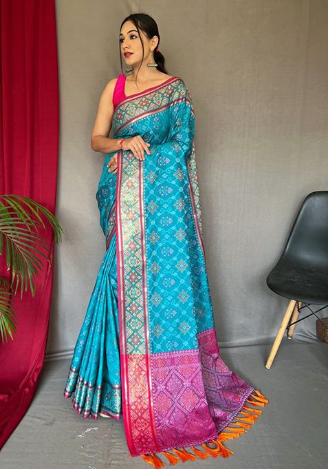 Sky Blue Woven Pure Patola Silk Saree Set