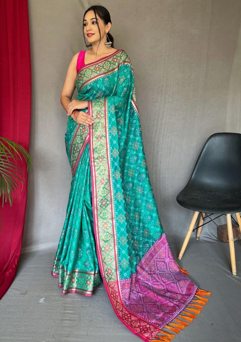 Off Green Woven Pure Patola Silk Saree Set