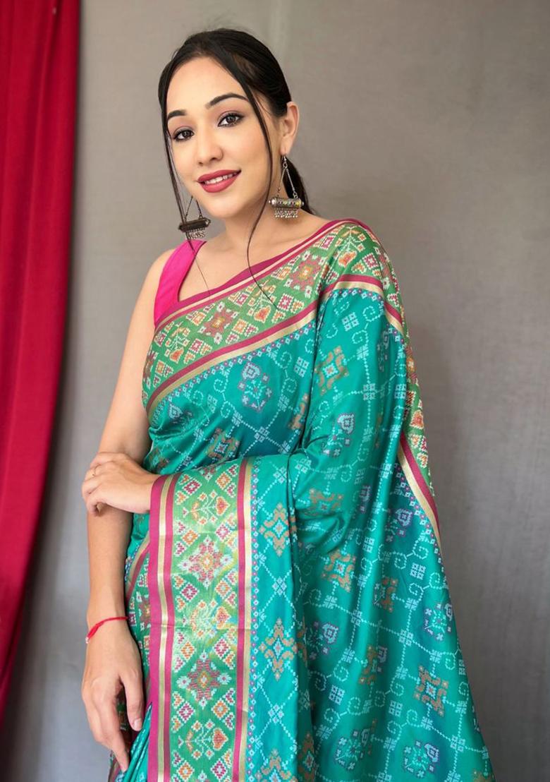 Off Green Woven Pure Patola Silk Saree Set