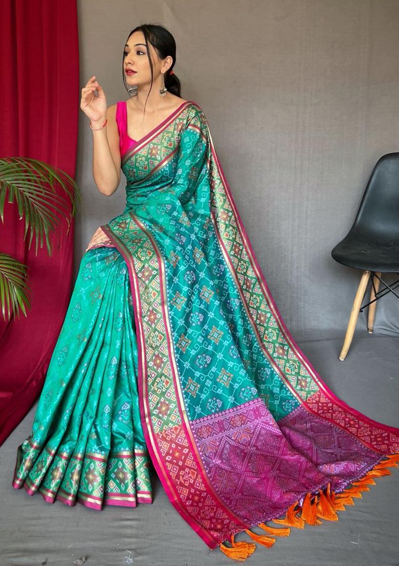 Off Green Woven Pure Patola Silk Saree Set