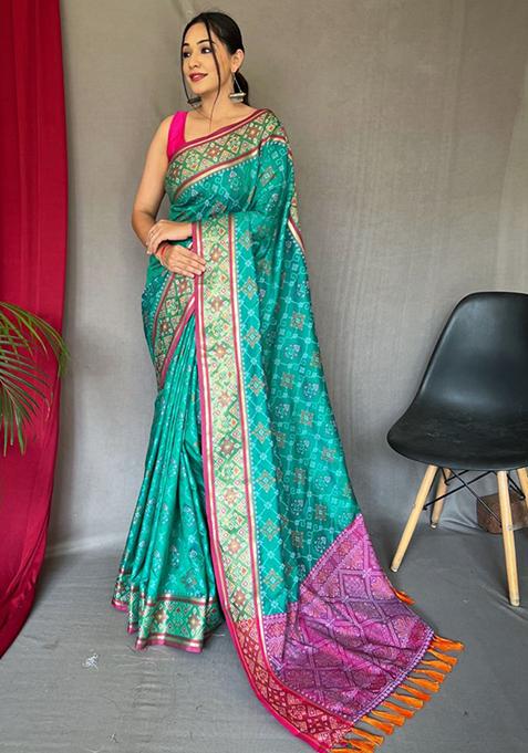 Off Green Woven Pure Patola Silk Saree Set