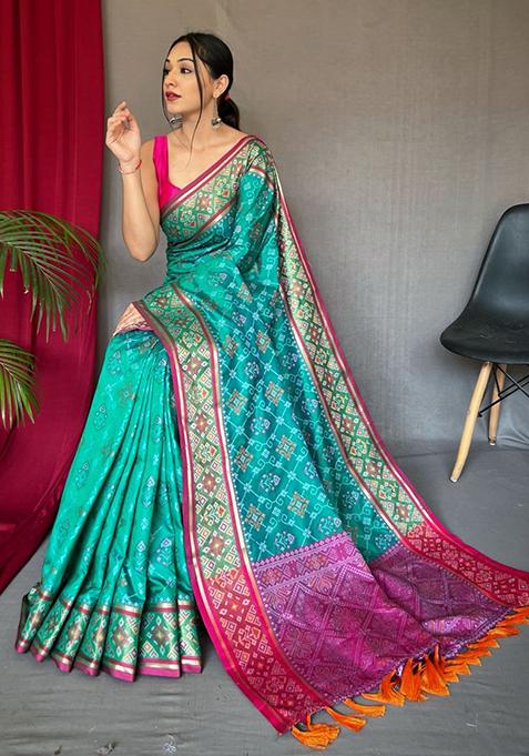 Off Green Woven Pure Patola Silk Saree Set