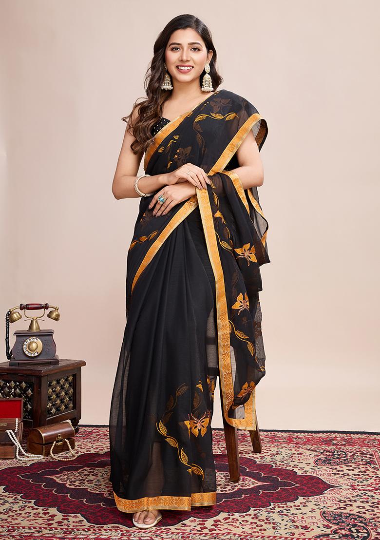 Black And Yellow Embroidered Georgette Soft Silk Saree Set