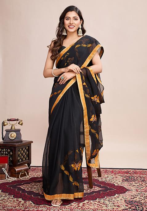 Black And Yellow Embroidered Georgette Soft Silk Saree Set