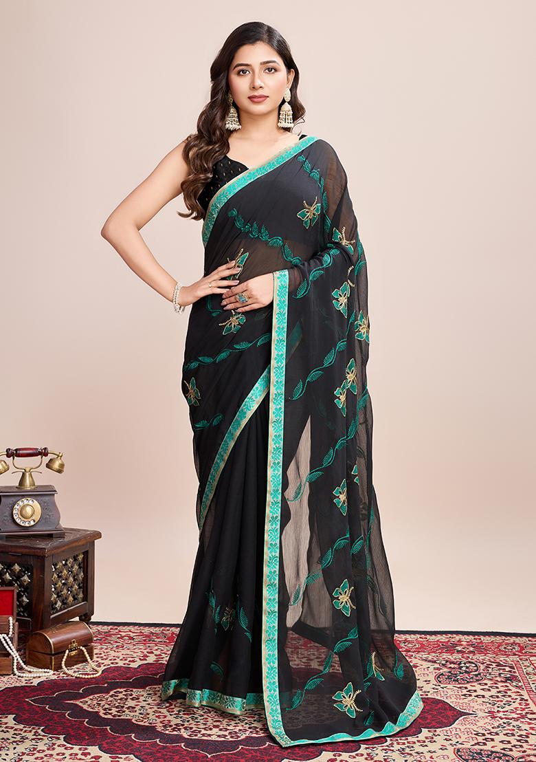 Black And Sky Blue Embroidered Georgette Soft Silk Saree Set