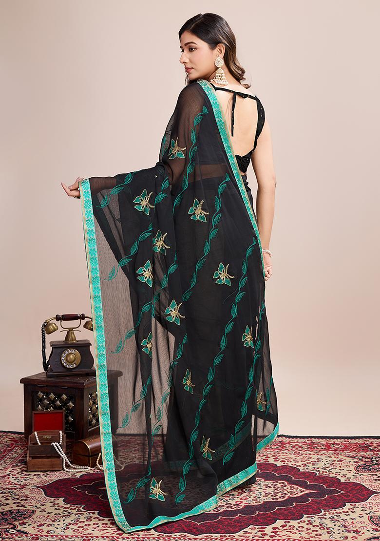 Black And Sky Blue Embroidered Georgette Soft Silk Saree Set