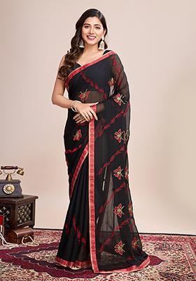 Black And Red Embroidered Georgette Soft Silk Saree Set