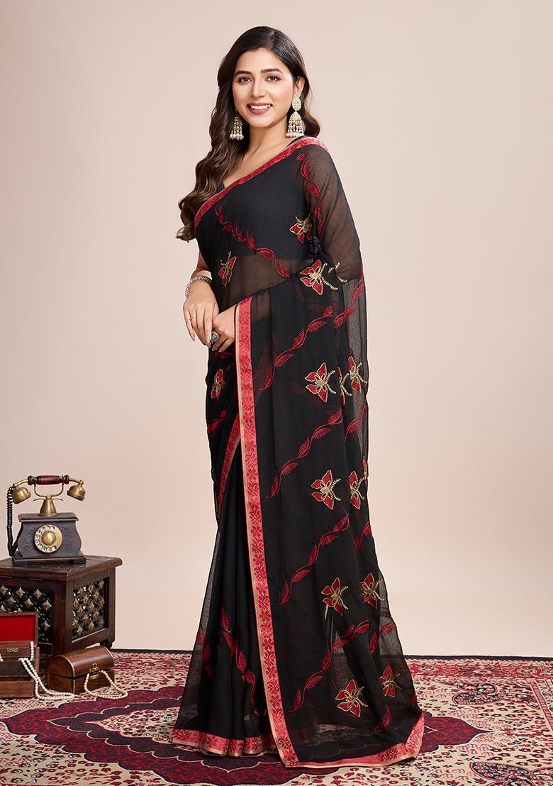 Black And Red Embroidered Georgette Soft Silk Saree Set - Indya