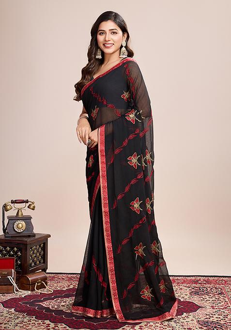 Black And Red Embroidered Georgette Soft Silk Saree Set