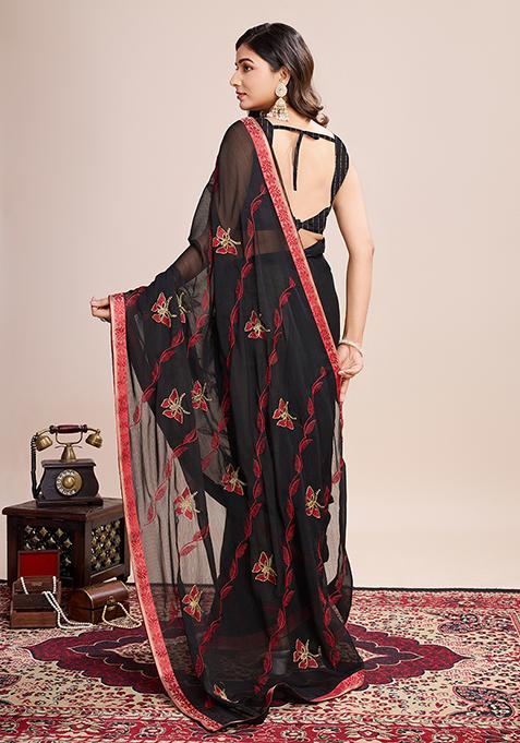 Black And Red Embroidered Georgette Soft Silk Saree Set