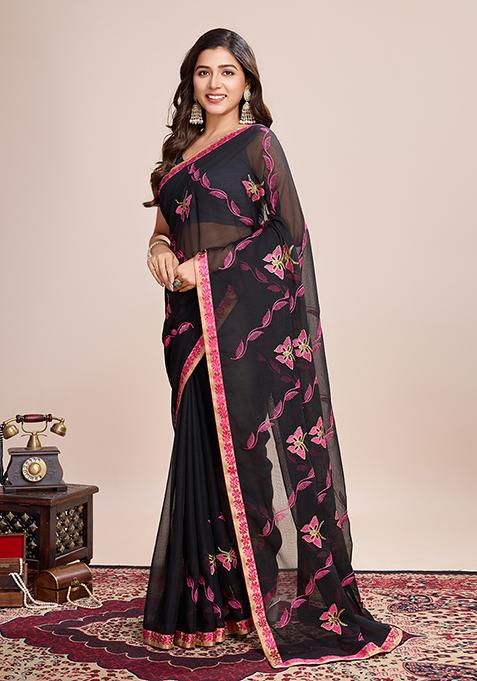 Black And Pink Embroidered Georgette Soft Silk Saree Set