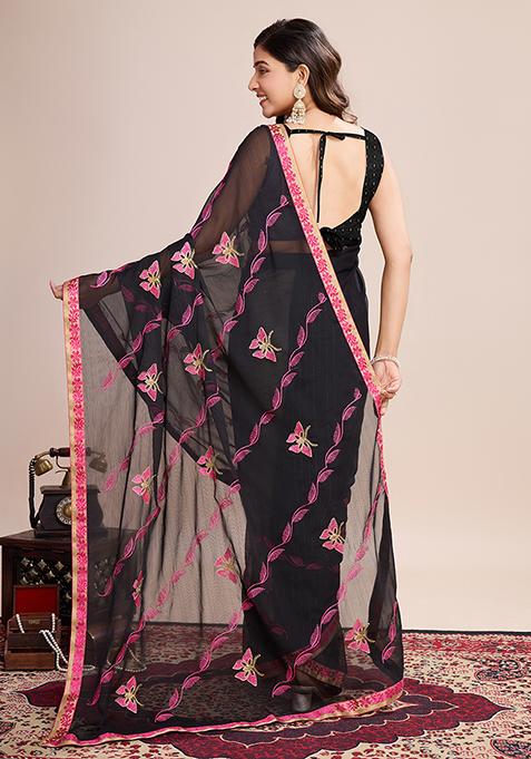 Black And Pink Embroidered Georgette Soft Silk Saree Set