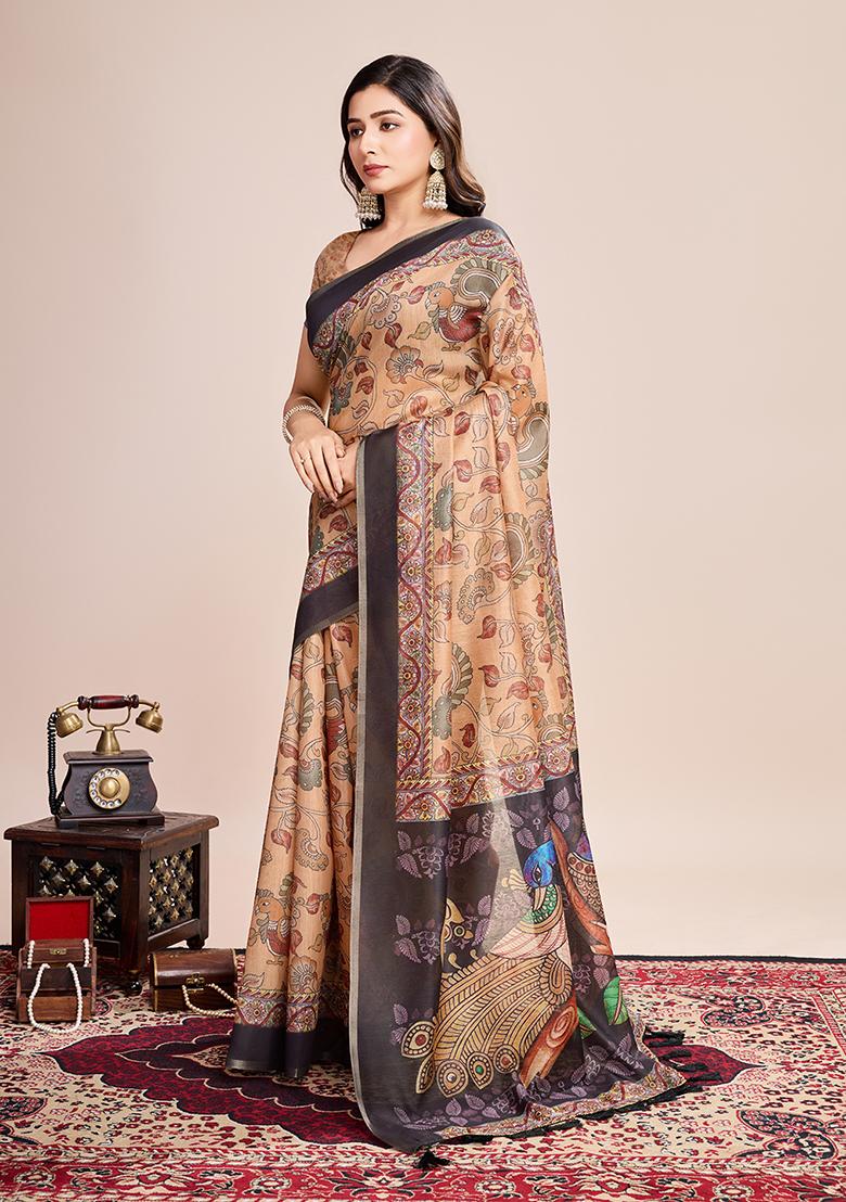 Multicolor Zari Work Printed Linen Saree Set
