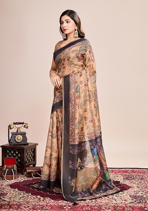Multicolor Zari Work Printed Linen Saree Set