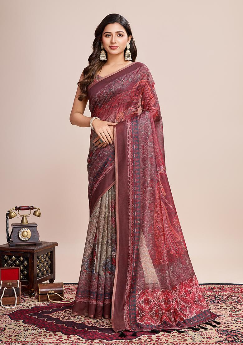 Multicolor Zari Work Printed Linen Saree Set